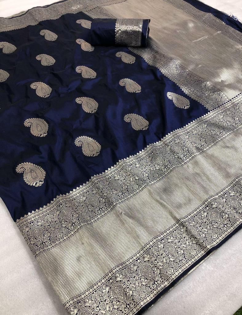 Demesne Navy Blue Banarasi Silk Saree With Moiety Blouse Piece