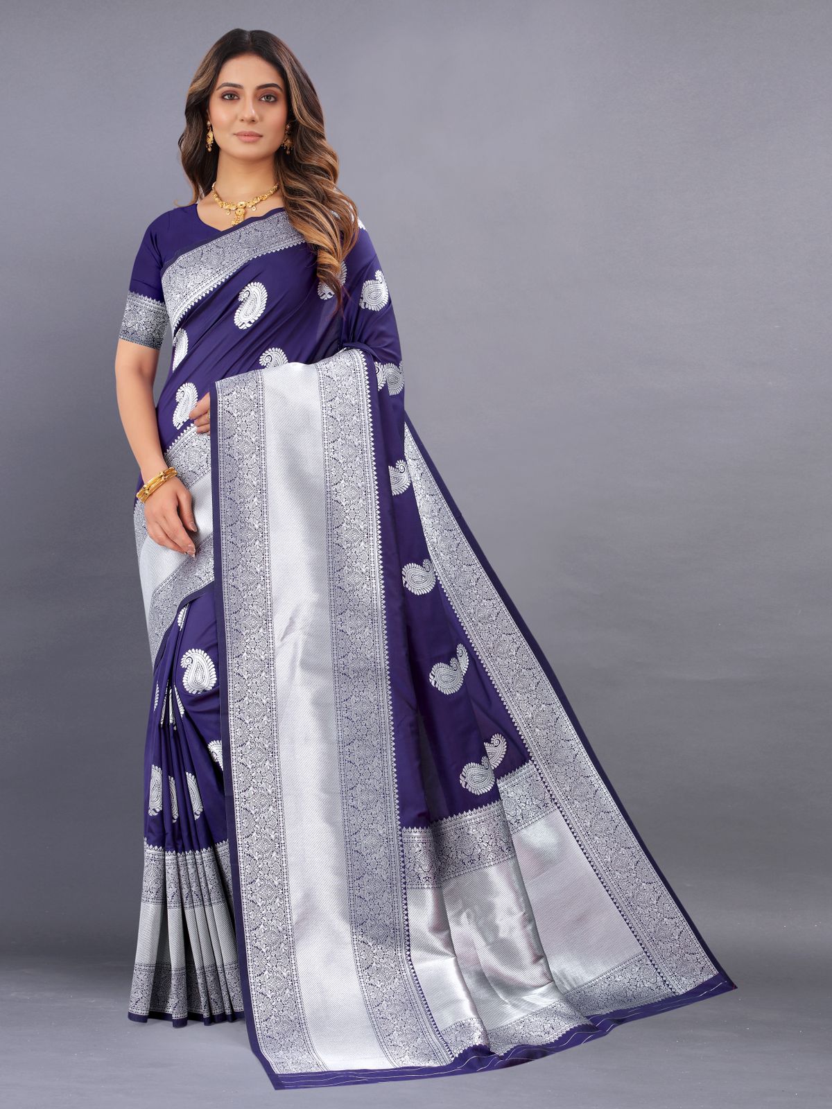 Demesne Navy Blue Banarasi Silk Saree With Moiety Blouse Piece