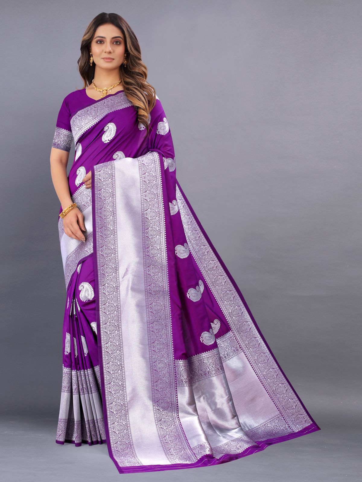 Prodigal Purple Banarasi Silk Saree With Scrumptious Blouse Piece