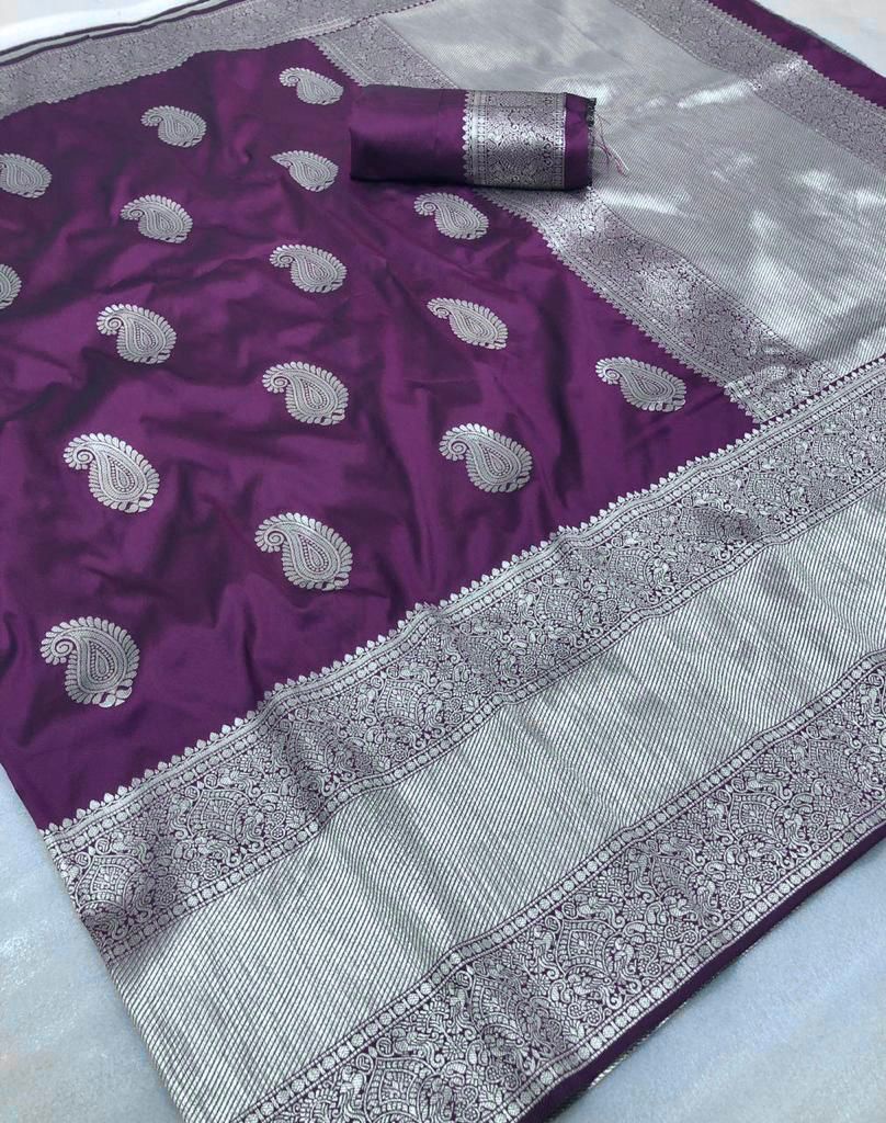 Prodigal Purple Banarasi Silk Saree With Scrumptious Blouse Piece