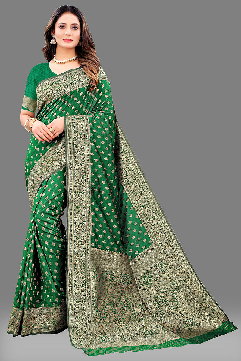 Gratifying Dark Green Soft Banarasi Silk Saree With Demanding Blouse Piece