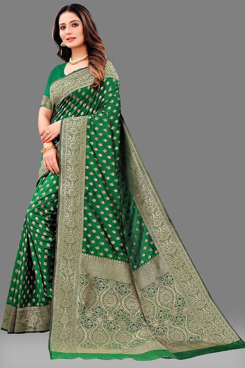 Gratifying Dark Green Soft Banarasi Silk Saree With Demanding Blouse Piece