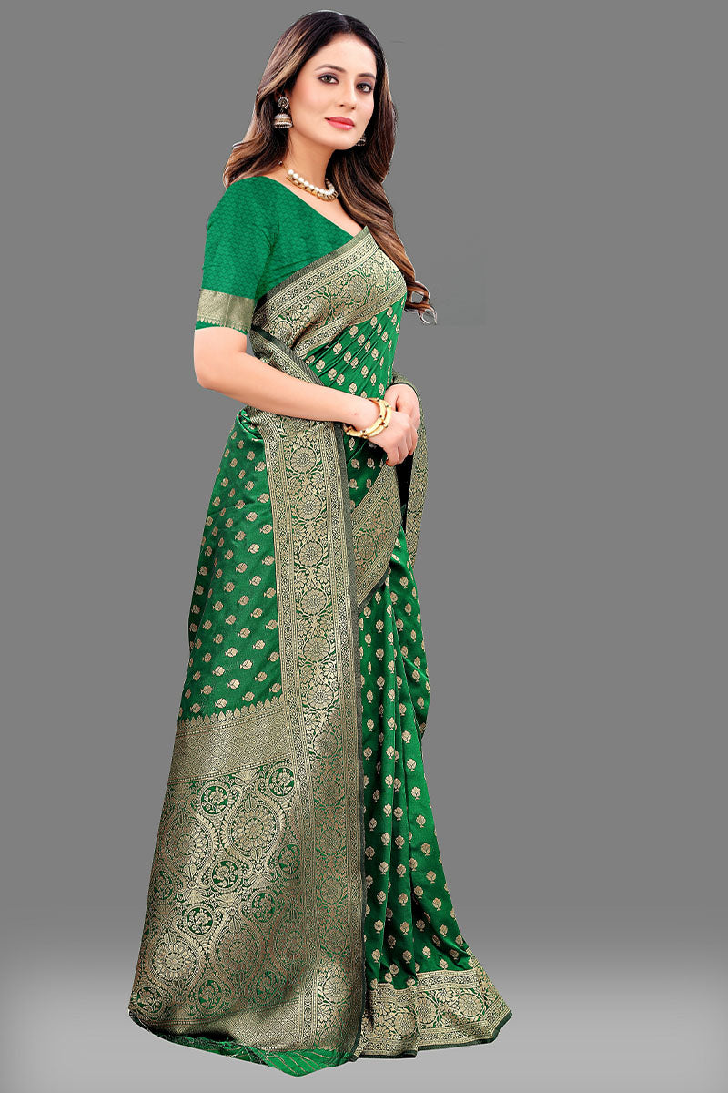 Gratifying Dark Green Soft Banarasi Silk Saree With Demanding Blouse Piece