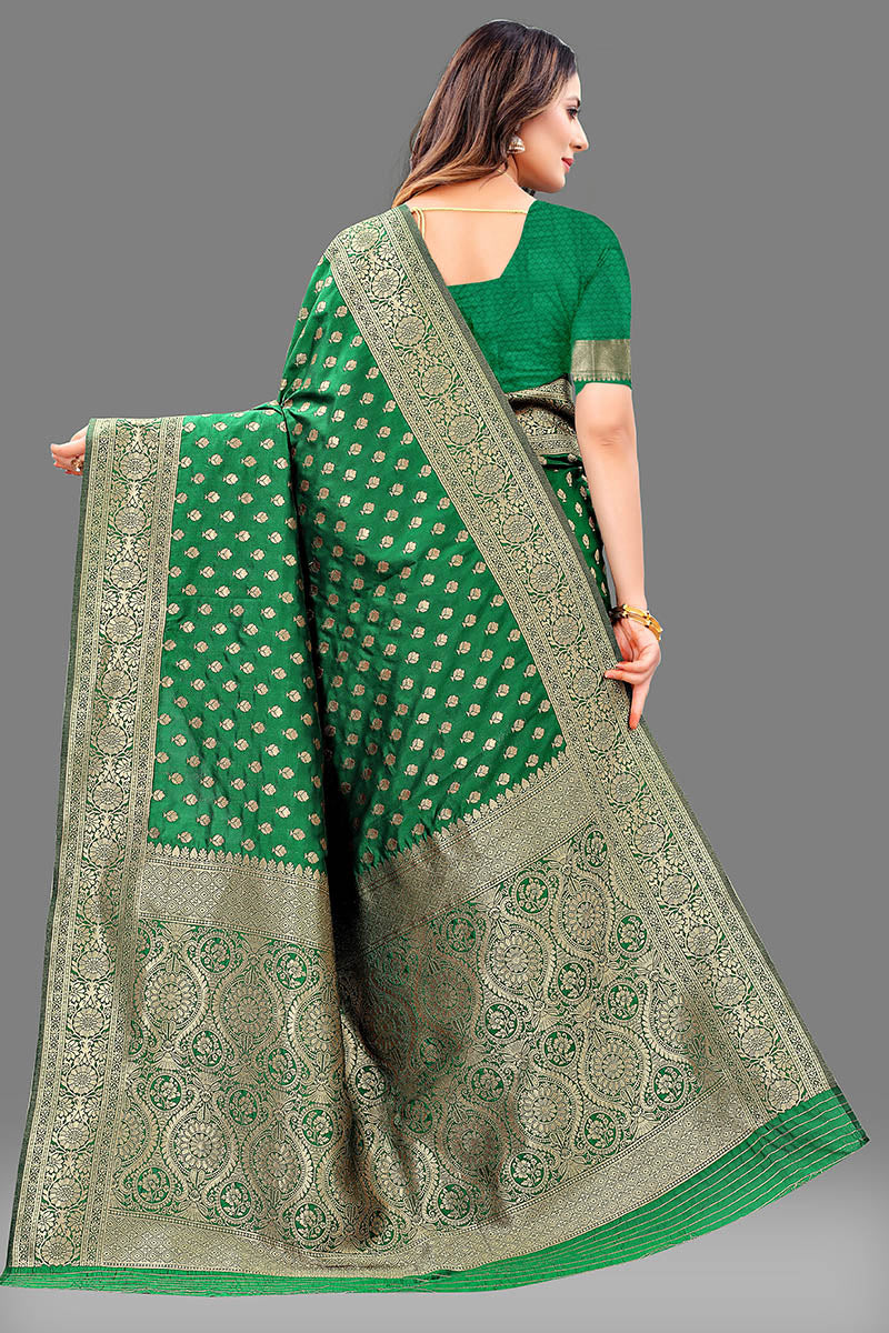 Gratifying Dark Green Soft Banarasi Silk Saree With Demanding Blouse Piece