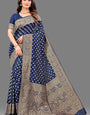 Confounding Navy Blue Soft Banarasi Silk Saree With Eye-catching Blouse Piece