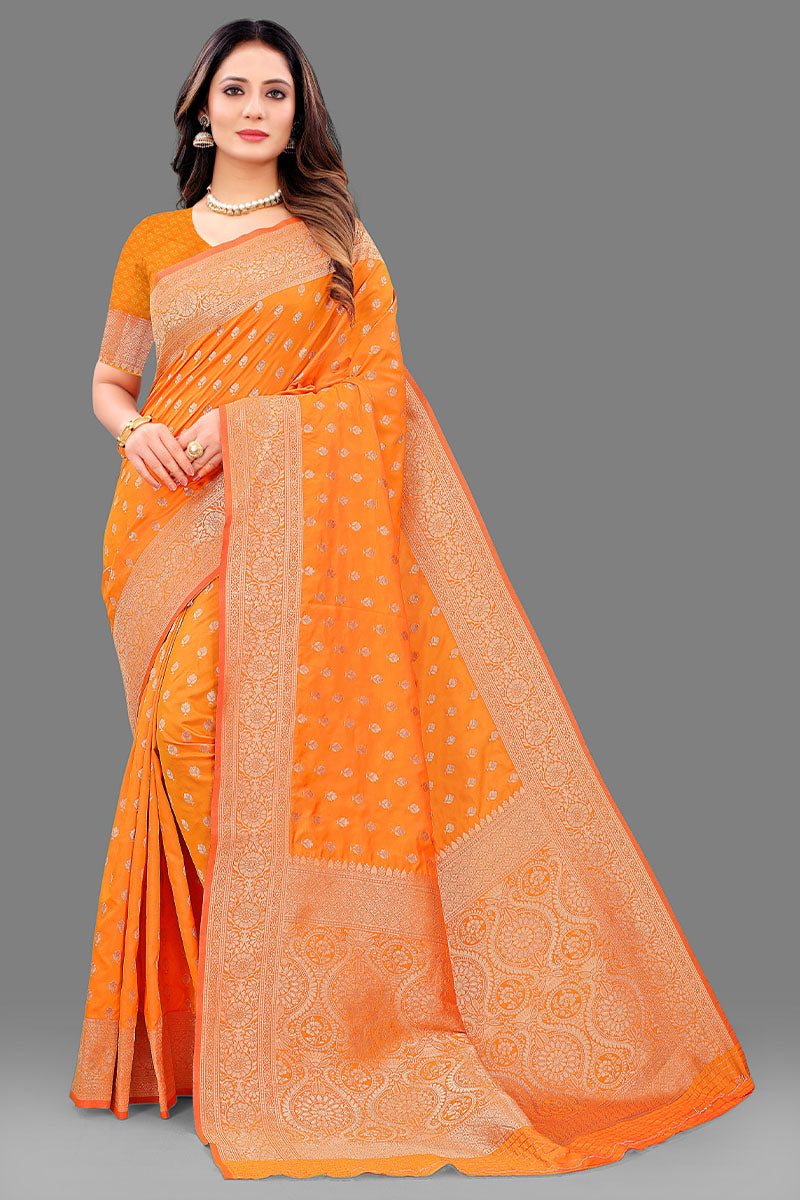 Demanding Orange Soft Banarasi Silk Saree With Blissful Blouse Piece