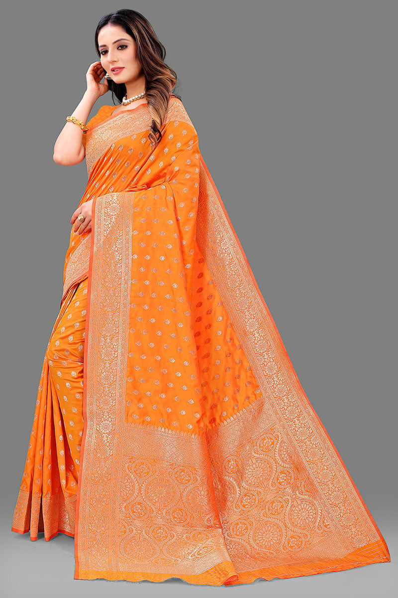 Demanding Orange Soft Banarasi Silk Saree With Blissful Blouse Piece