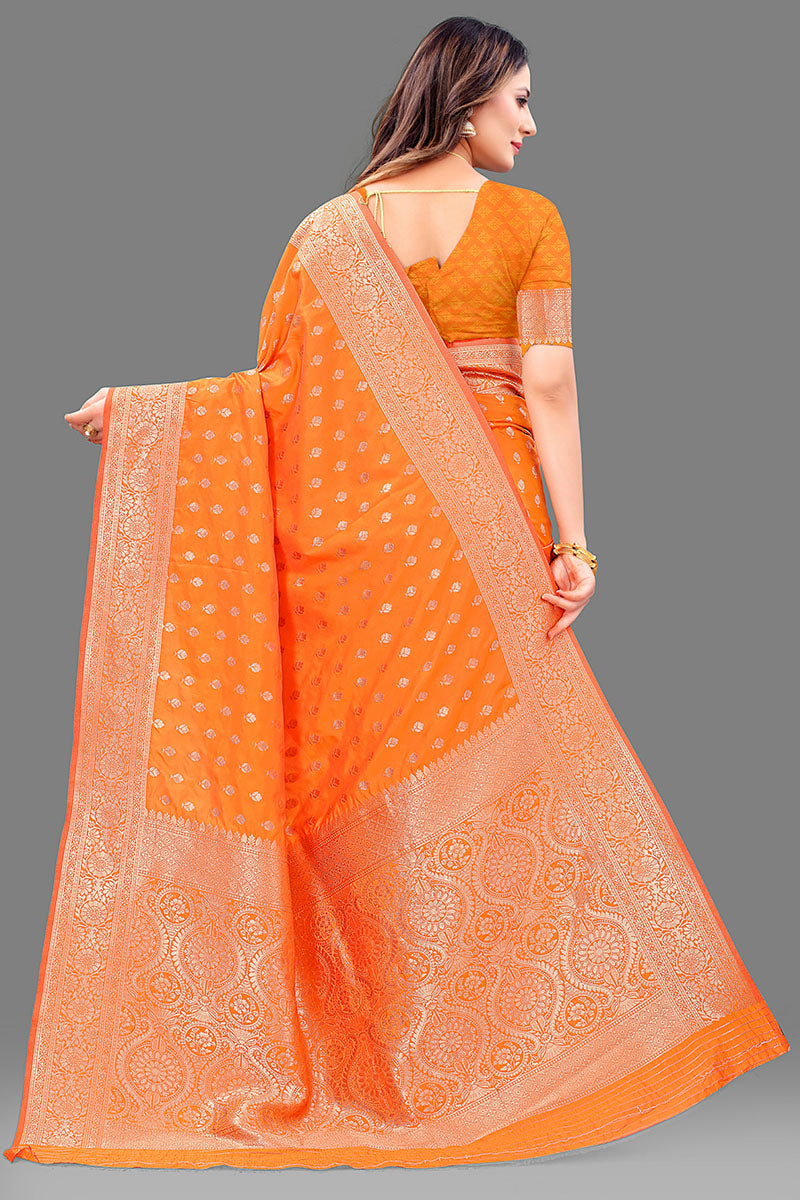 Demanding Orange Soft Banarasi Silk Saree With Blissful Blouse Piece