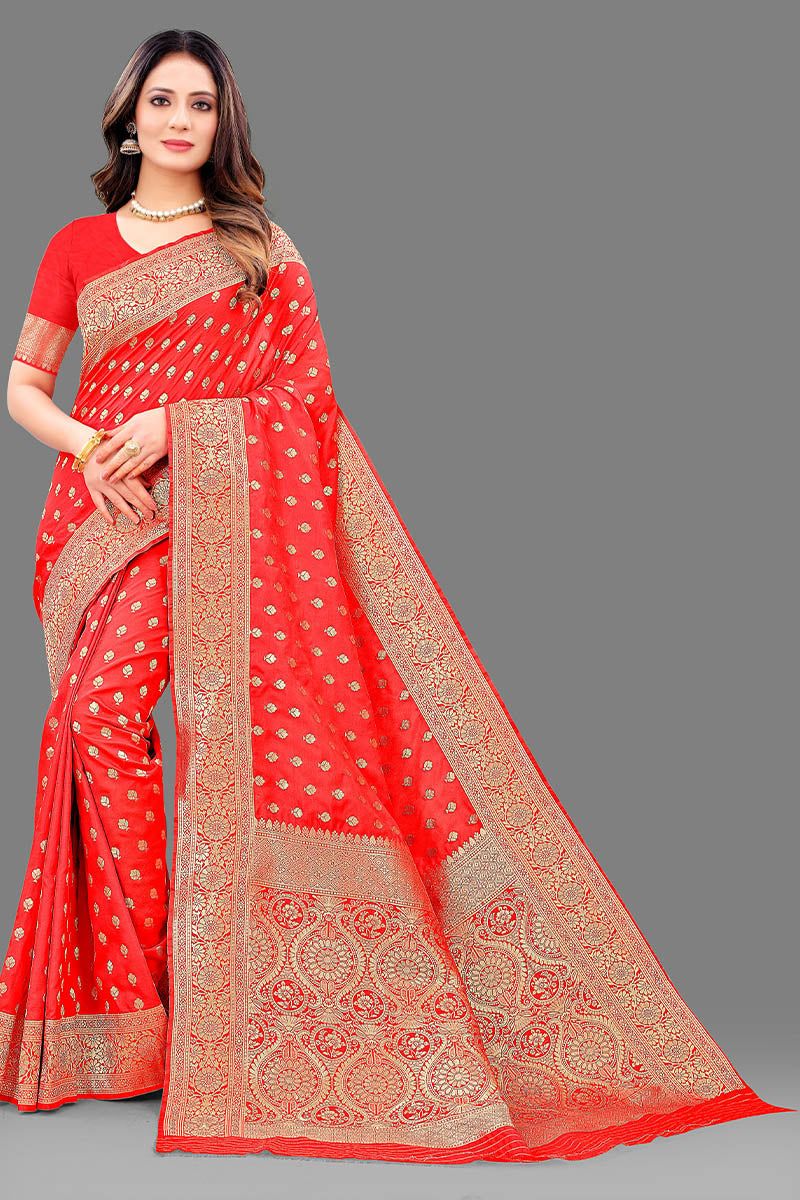 Beautiful Red Soft Banarasi Silk Saree With Majesty Blouse Piece