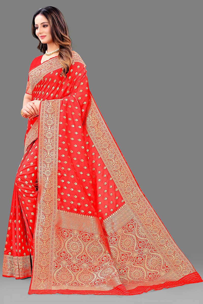 Beautiful Red Soft Banarasi Silk Saree With Majesty Blouse Piece