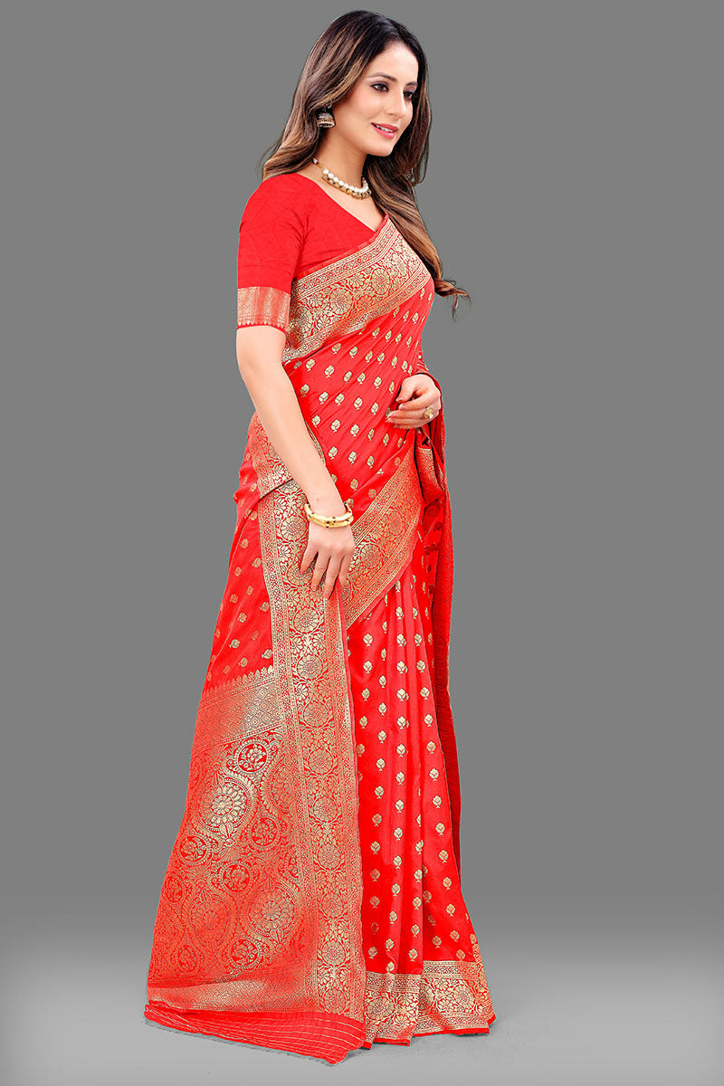 Beautiful Red Soft Banarasi Silk Saree With Majesty Blouse Piece