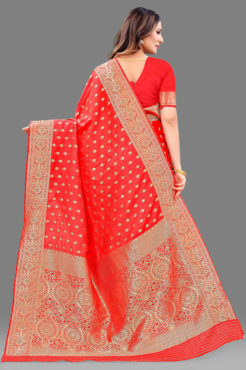 Beautiful Red Soft Banarasi Silk Saree With Majesty Blouse Piece