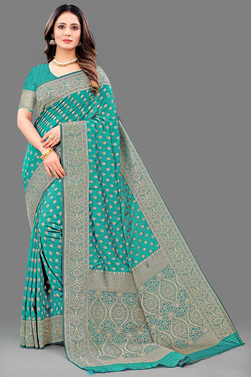 Engaging Sea Green Soft Banarasi Silk Saree With Beautiful Blouse Piece