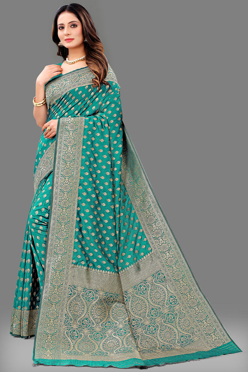 Engaging Sea Green Soft Banarasi Silk Saree With Beautiful Blouse Piece