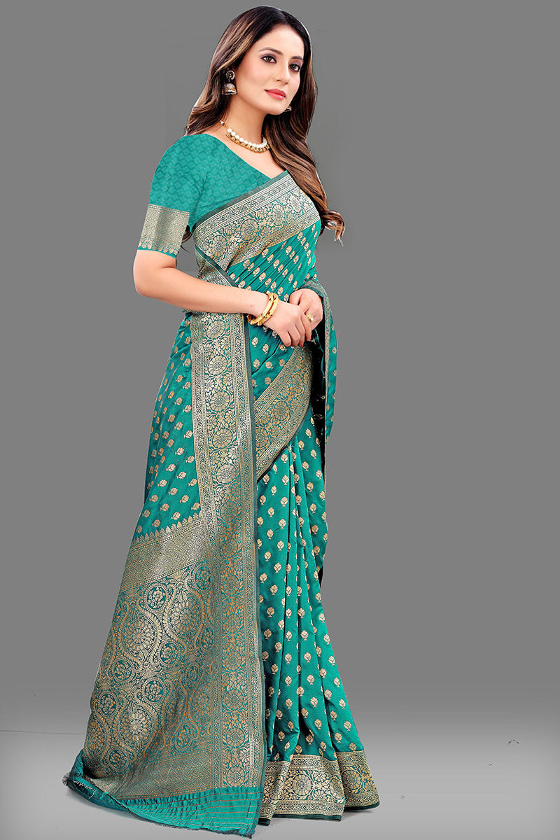 Engaging Sea Green Soft Banarasi Silk Saree With Beautiful Blouse Piece