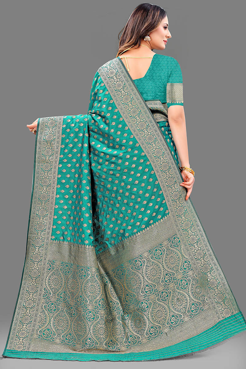 Engaging Sea Green Soft Banarasi Silk Saree With Beautiful Blouse Piece