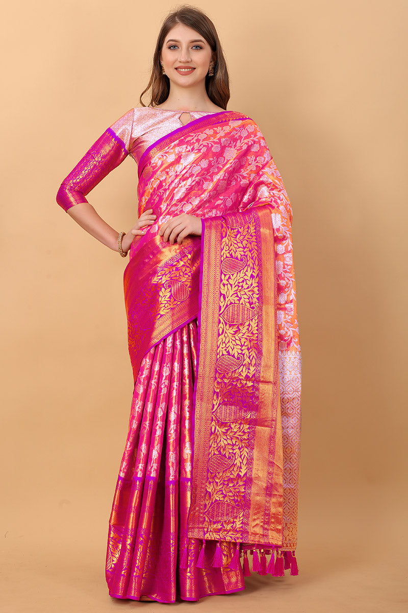 Desiring Pink Kanjivaram Silk Saree With Outstanding Blouse Piece