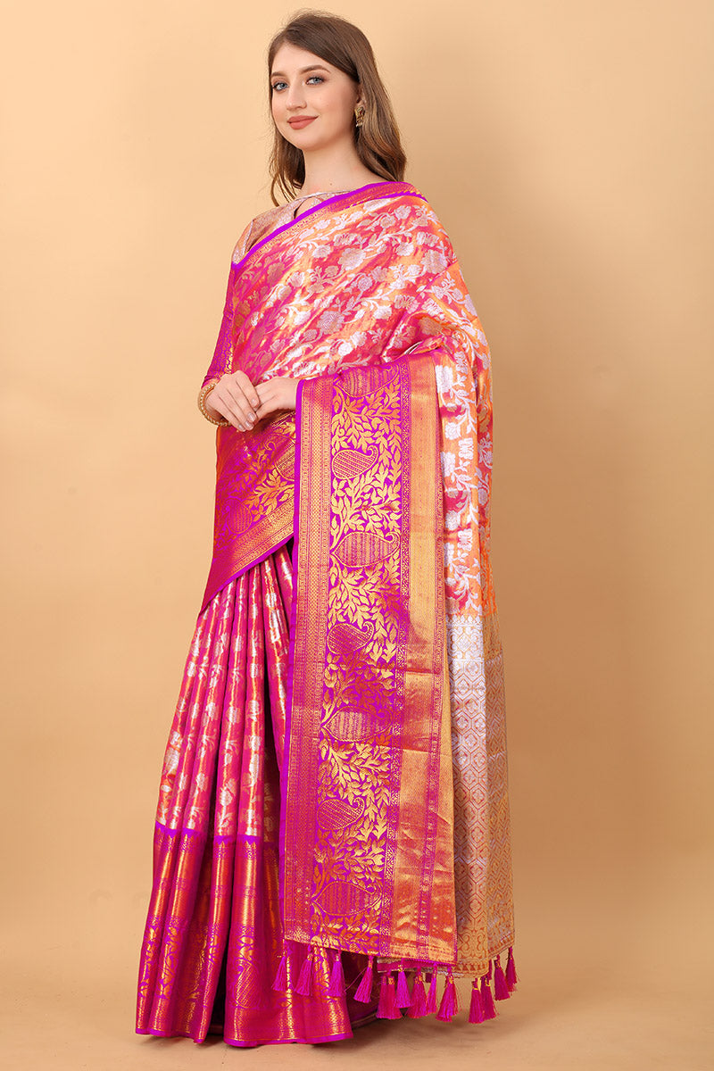 Desiring Pink Kanjivaram Silk Saree With Outstanding Blouse Piece