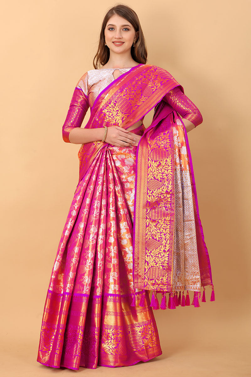 Desiring Pink Kanjivaram Silk Saree With Outstanding Blouse Piece