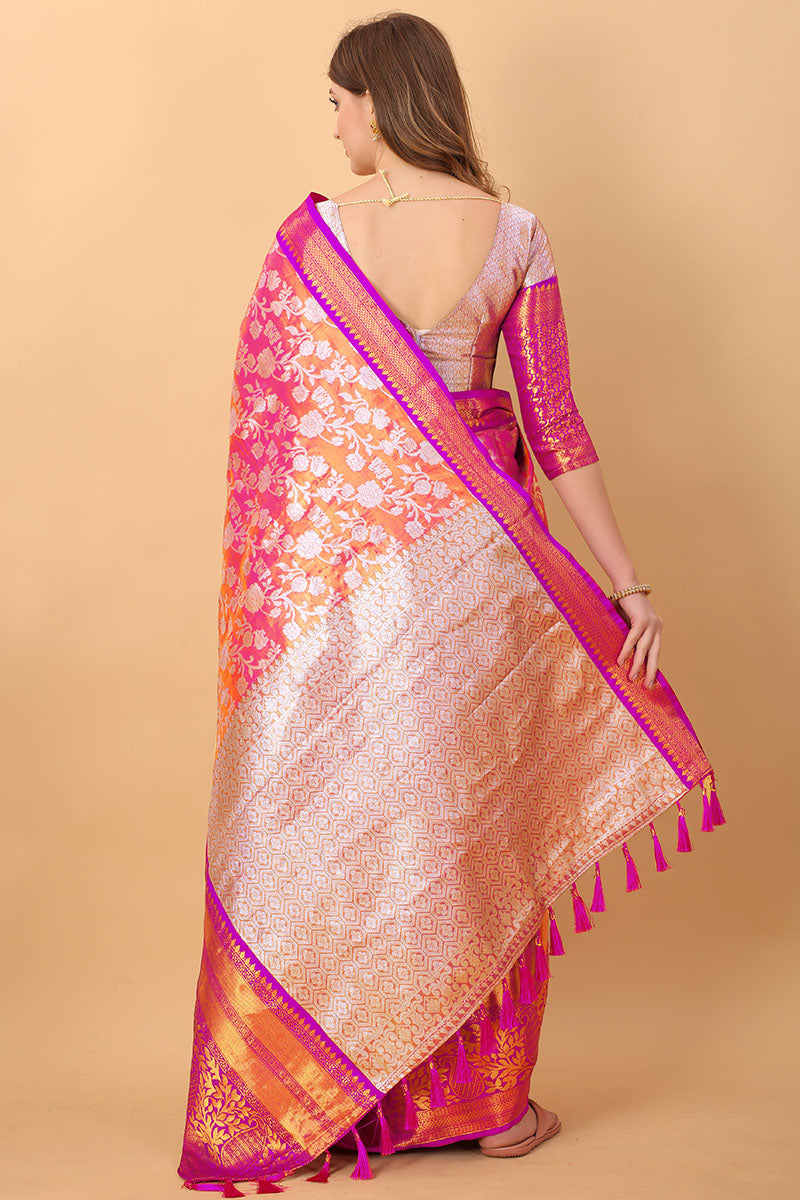 Desiring Pink Kanjivaram Silk Saree With Outstanding Blouse Piece