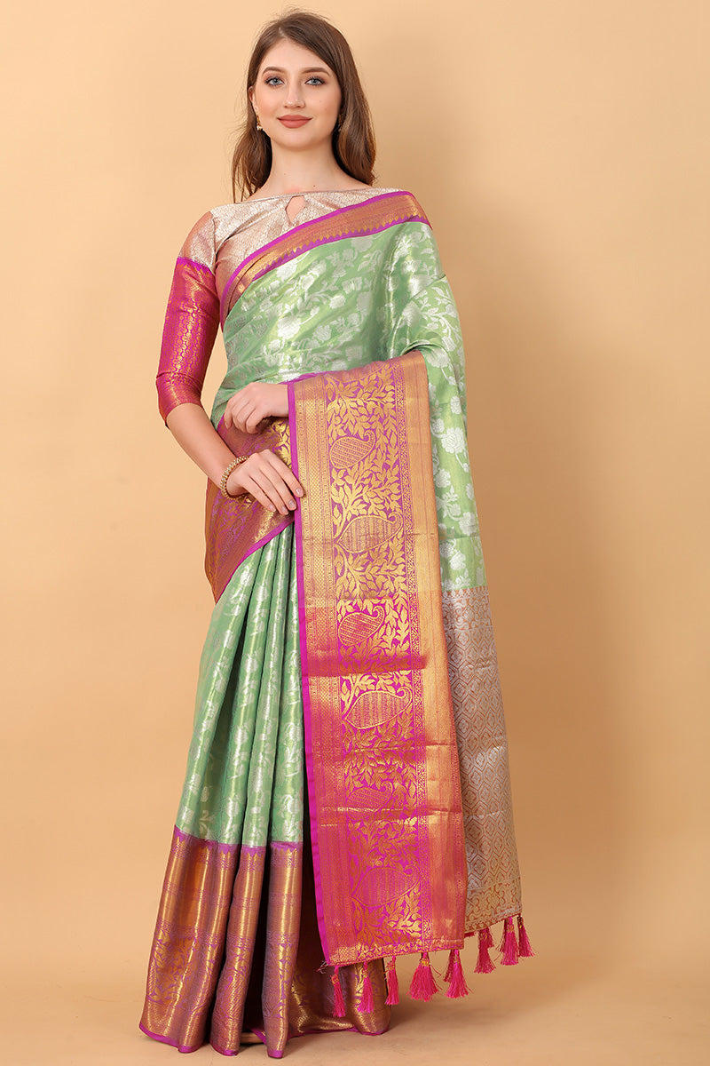 Jazzy Pista Kanjivaram Silk Saree With Phenomenal Blouse Piece