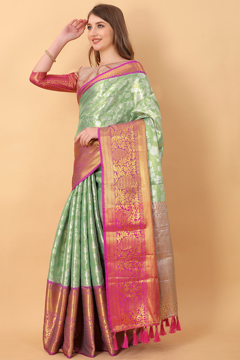 Jazzy Pista Kanjivaram Silk Saree With Phenomenal Blouse Piece