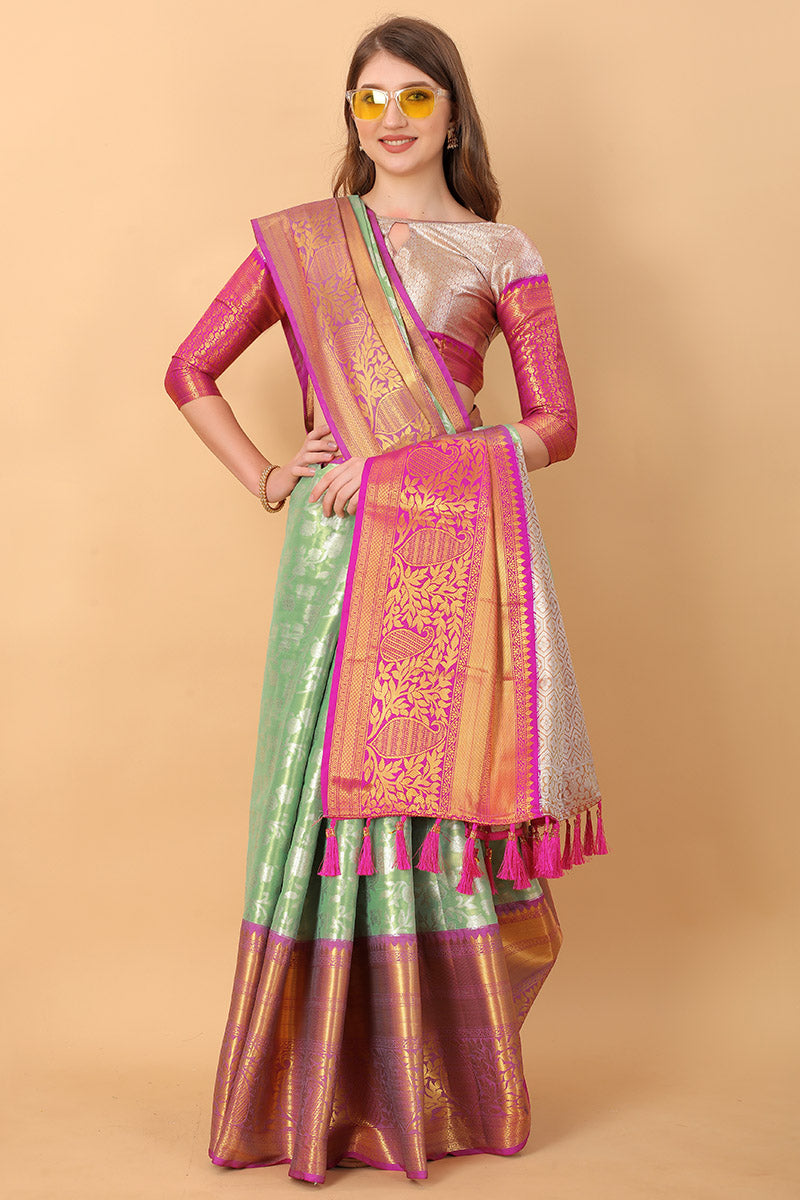 Jazzy Pista Kanjivaram Silk Saree With Phenomenal Blouse Piece