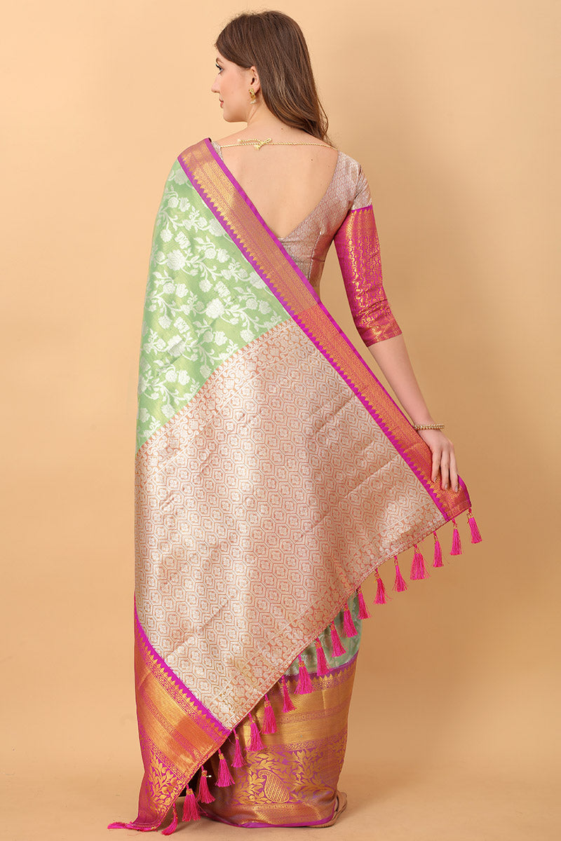 Jazzy Pista Kanjivaram Silk Saree With Phenomenal Blouse Piece