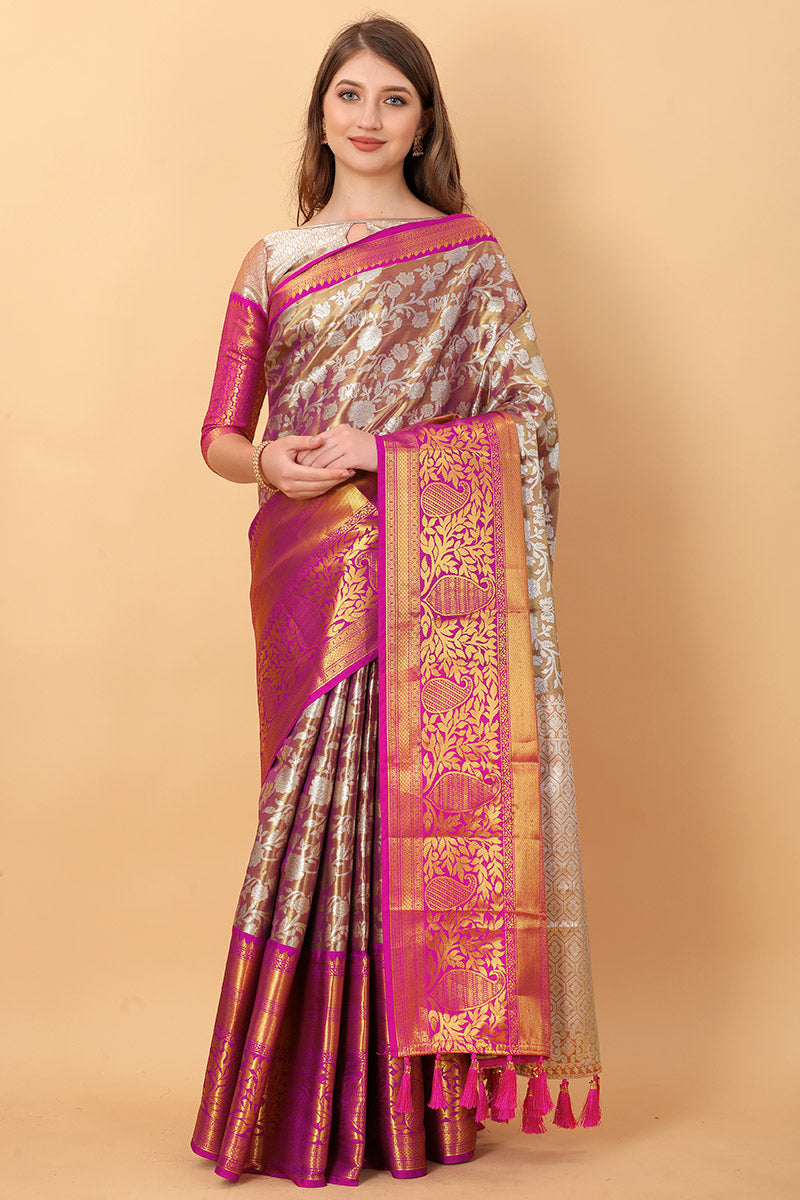 Designer Wine Kanjivaram Silk Saree With Unique Blouse Piece