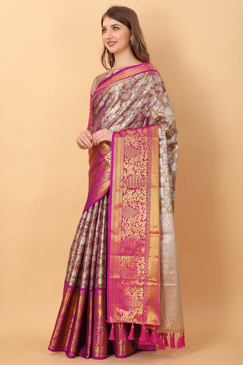 Designer Wine Kanjivaram Silk Saree With Unique Blouse Piece