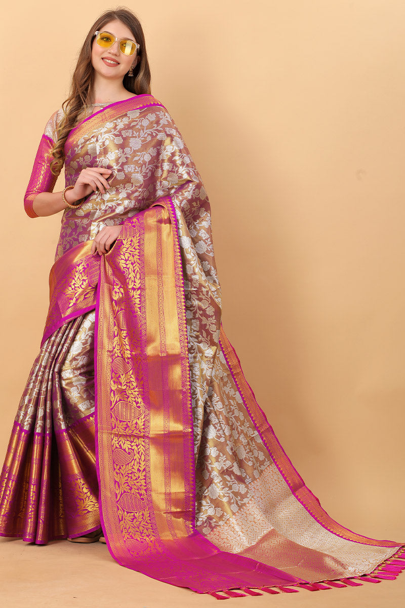 Designer Wine Kanjivaram Silk Saree With Unique Blouse Piece