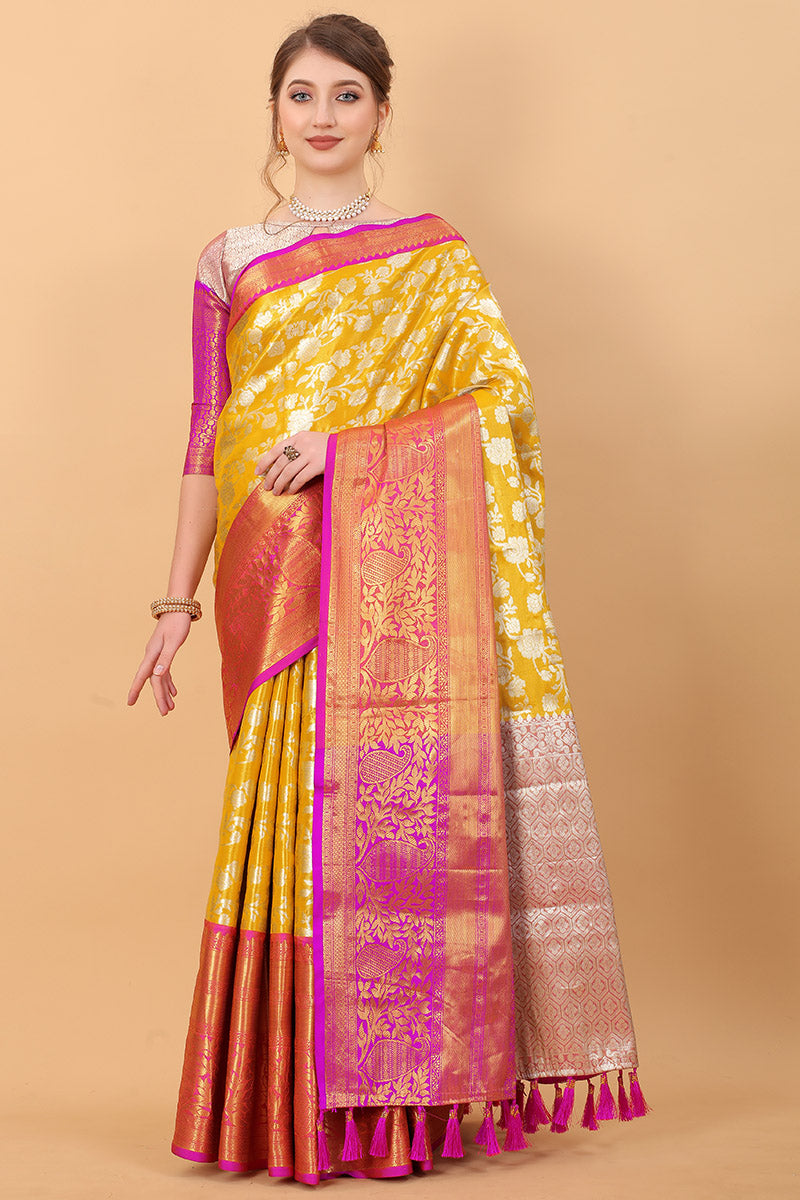 Impressive Yellow Kanjivaram Silk Saree With Adorning Blouse Piece