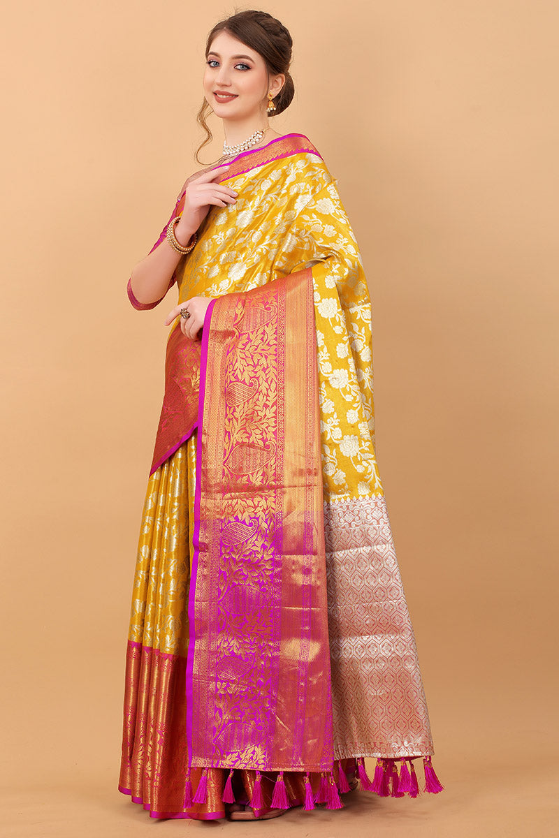 Impressive Yellow Kanjivaram Silk Saree With Adorning Blouse Piece