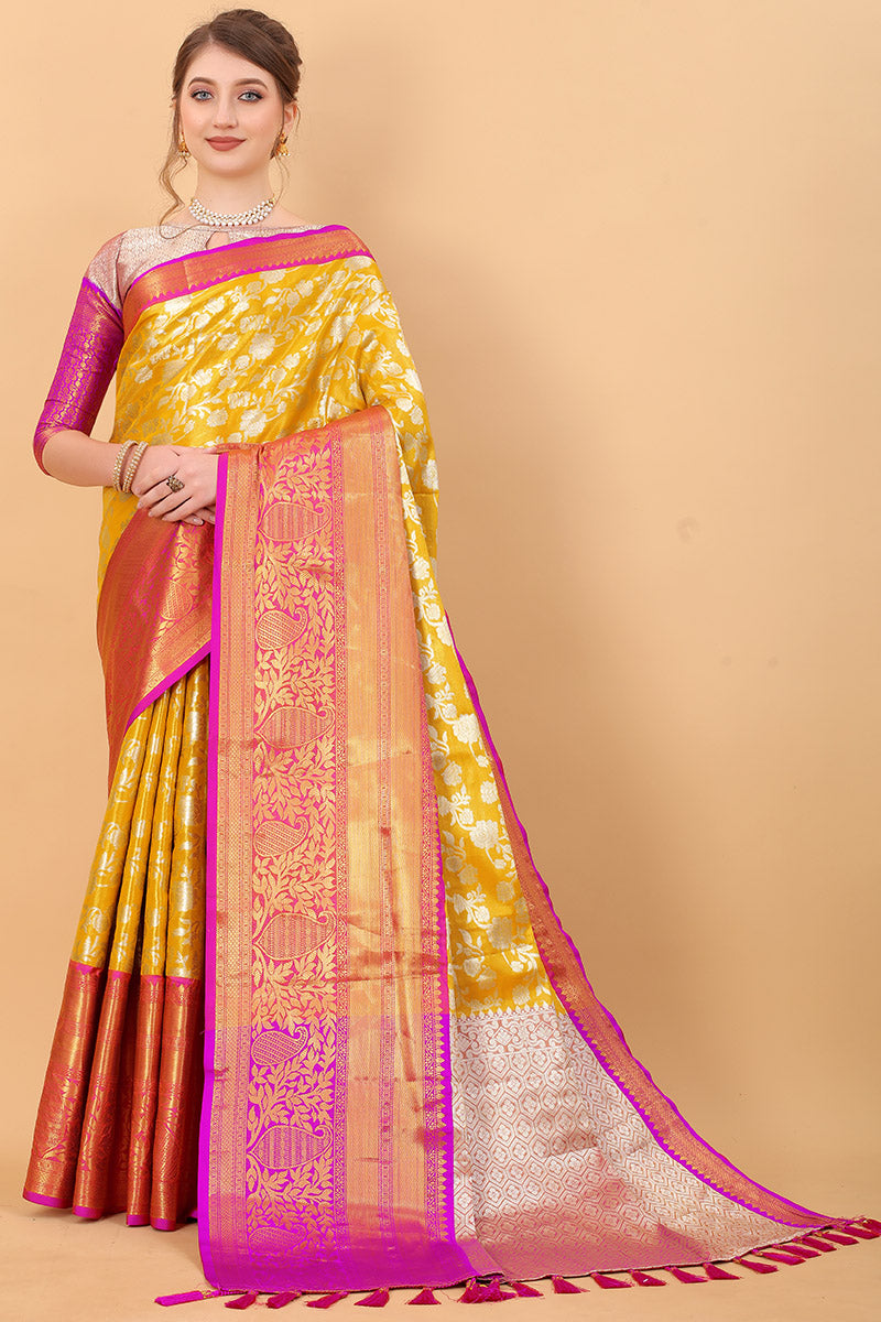 Impressive Yellow Kanjivaram Silk Saree With Adorning Blouse Piece