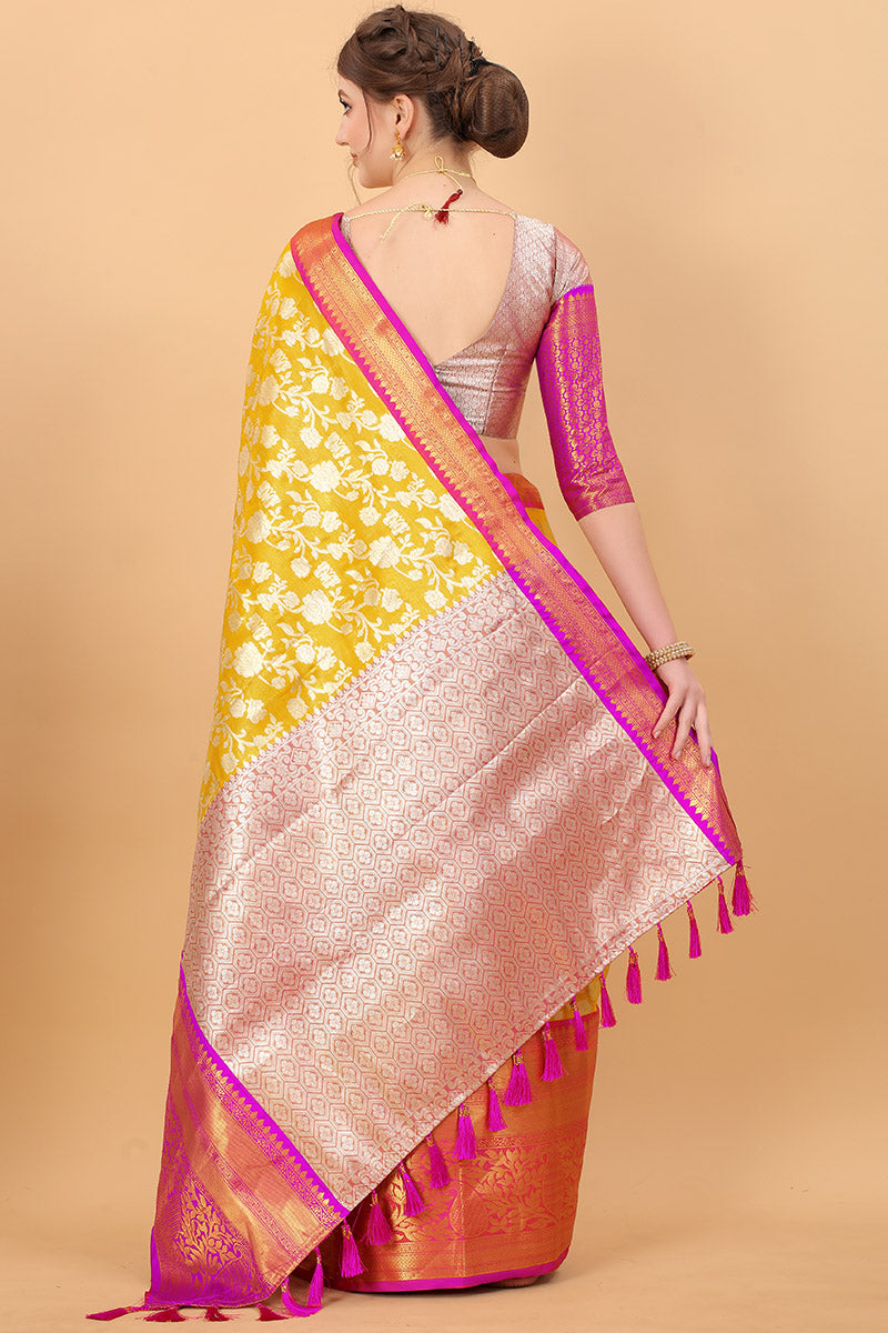 Impressive Yellow Kanjivaram Silk Saree With Adorning Blouse Piece