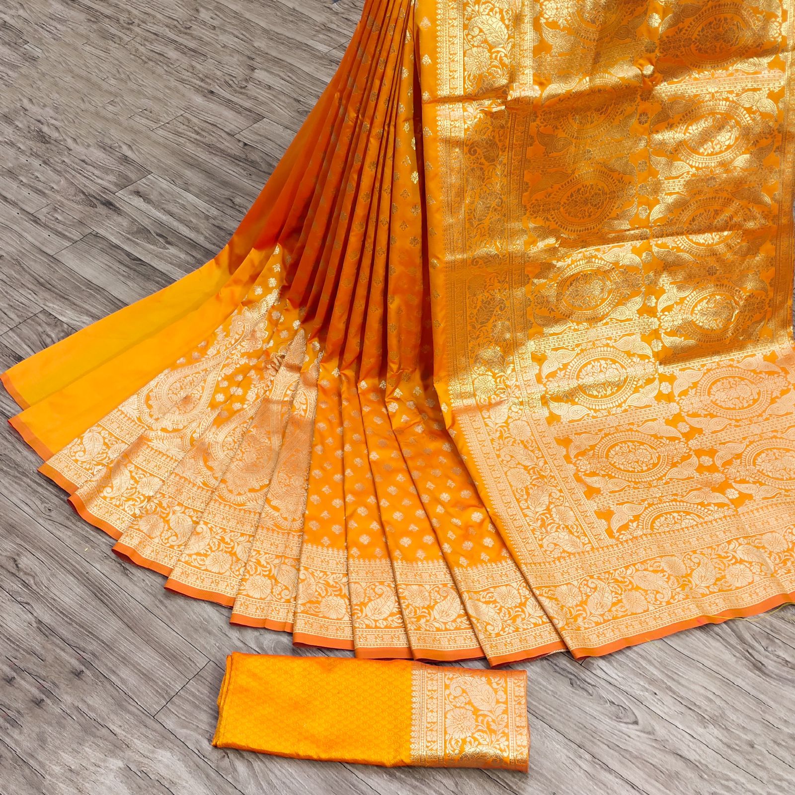 Alluring Mustard Banarasi Silk Saree With Vivacious Blouse Piece