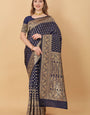 Diaphanous Navy Blue Banarasi Silk Saree With Panoply Blouse Piece