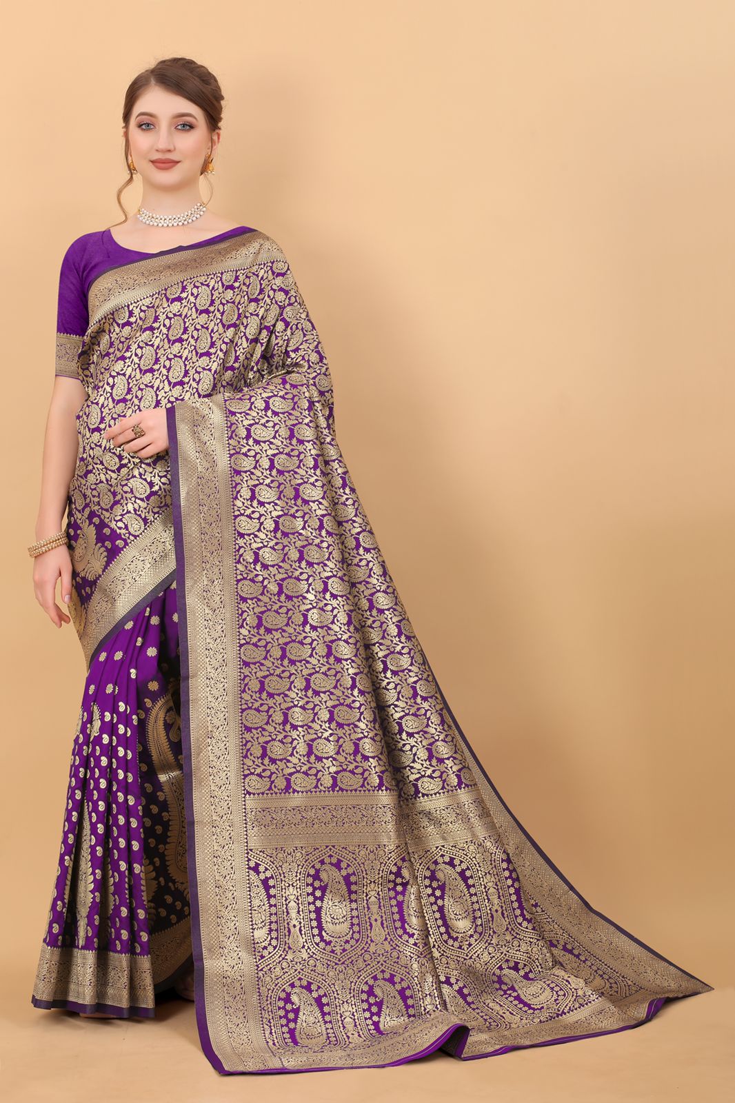 Vibrant Purple Banarasi Silk Saree With Winsome Blouse Piece