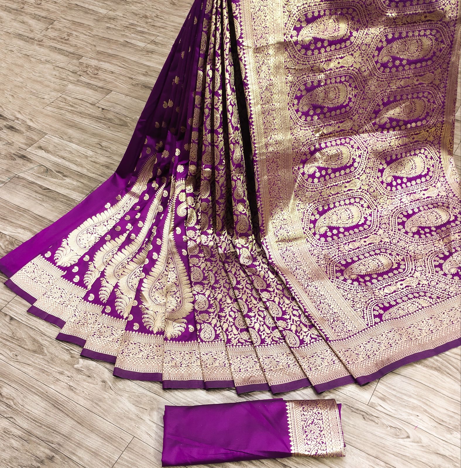 Vibrant Purple Banarasi Silk Saree With Winsome Blouse Piece