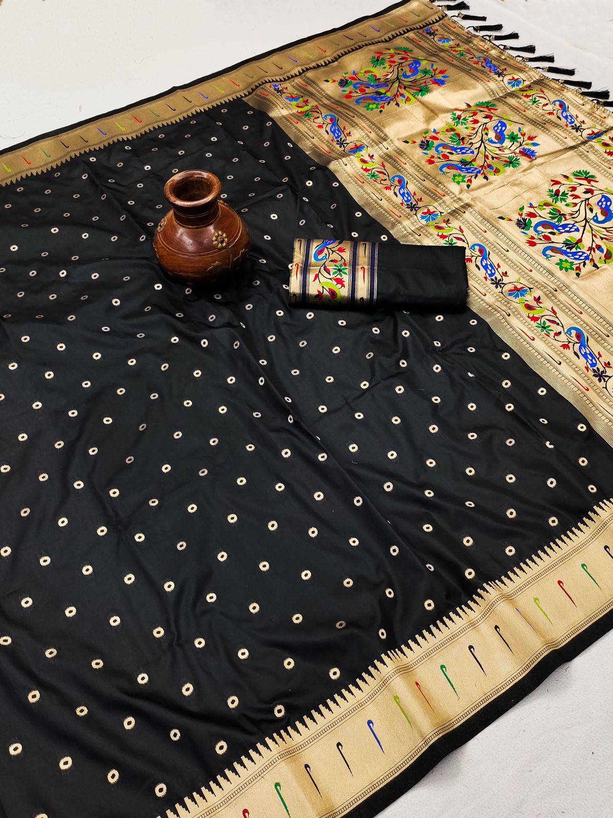 Scrumptious Black Paithani Silk Saree With Delectable Blouse Piece