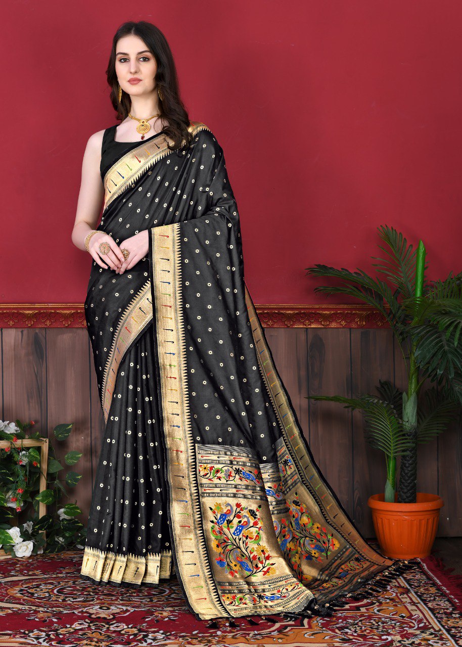 Scrumptious Black Paithani Silk Saree With Delectable Blouse Piece