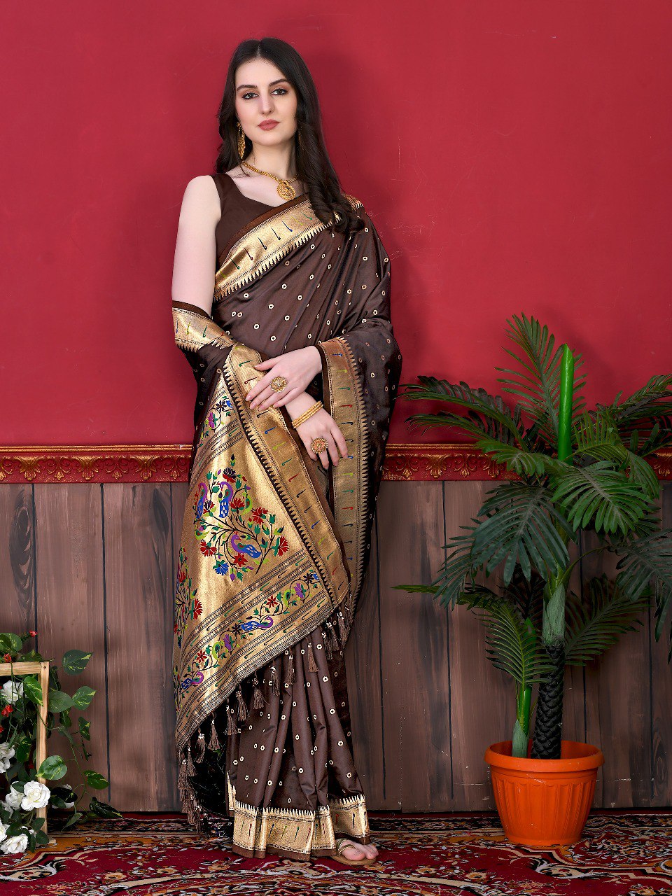 Symmetrical Brown Paithani Silk Saree With Woebegone Blouse Piece