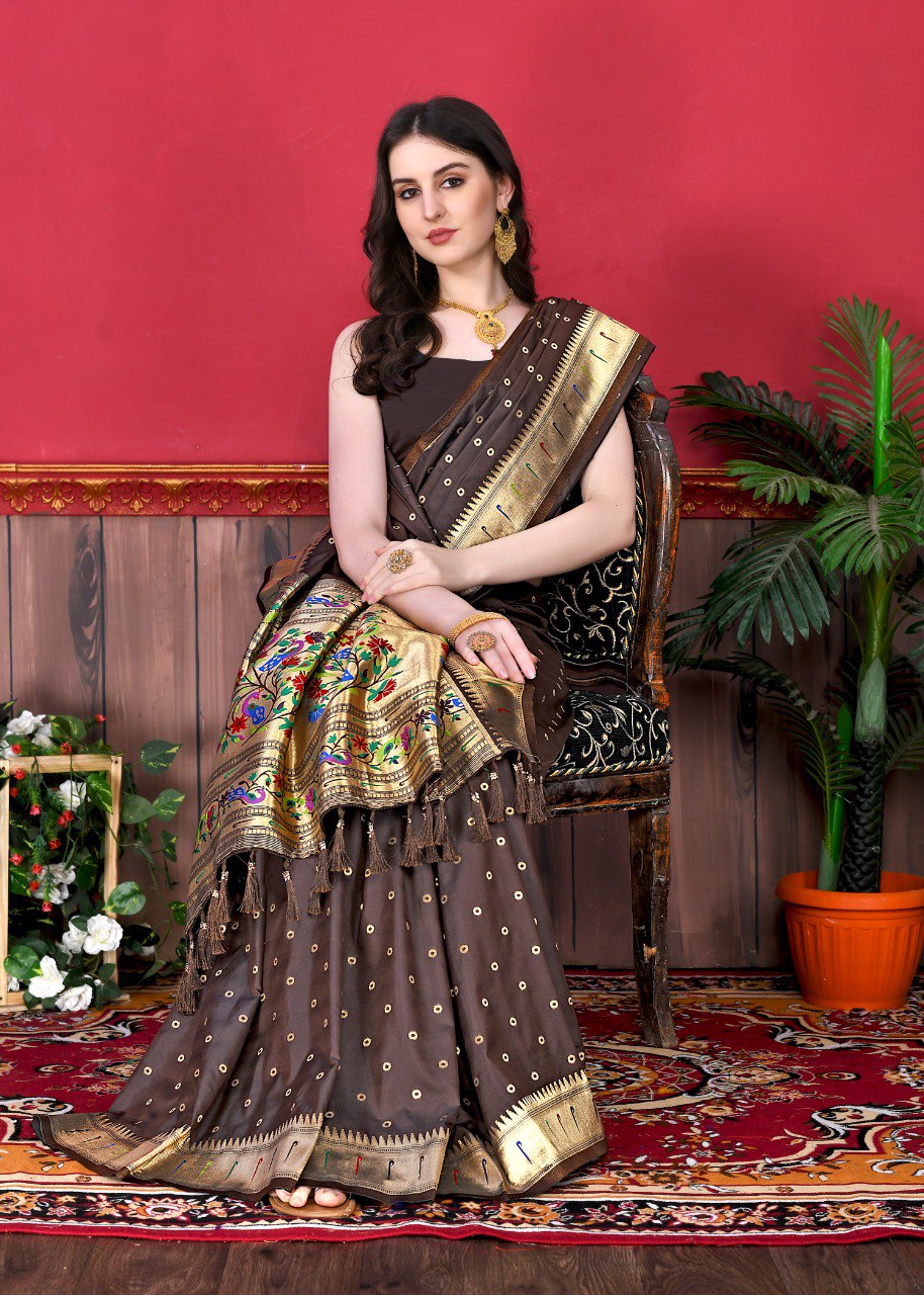 Symmetrical Brown Paithani Silk Saree With Woebegone Blouse Piece