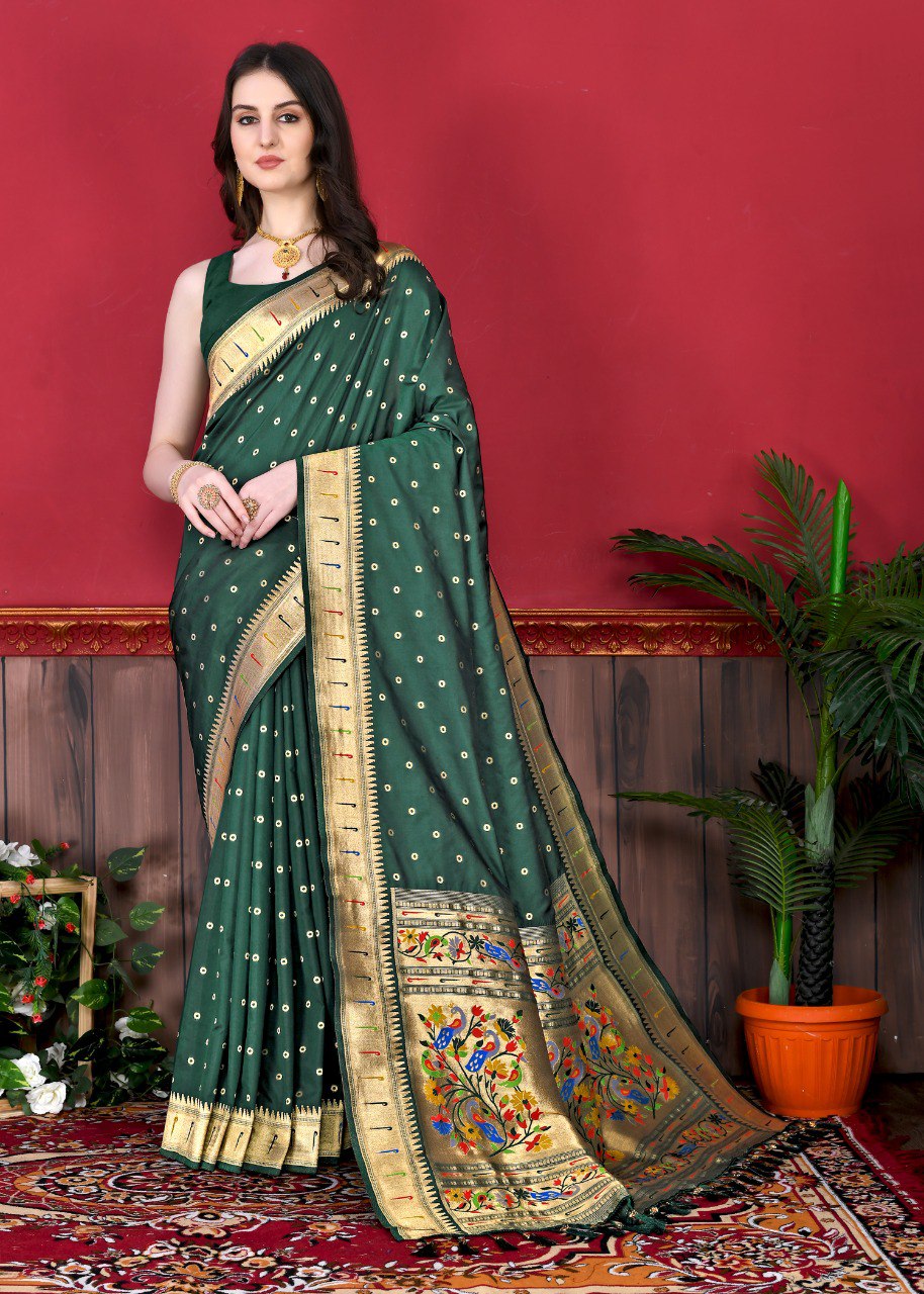 Brood Dark Green Paithani Silk Saree With Gossamer Blouse Piece