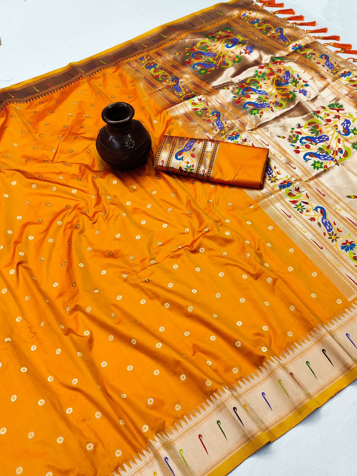 Felicitous Orange Paithani Silk Saree With Susurrous Blouse Piece