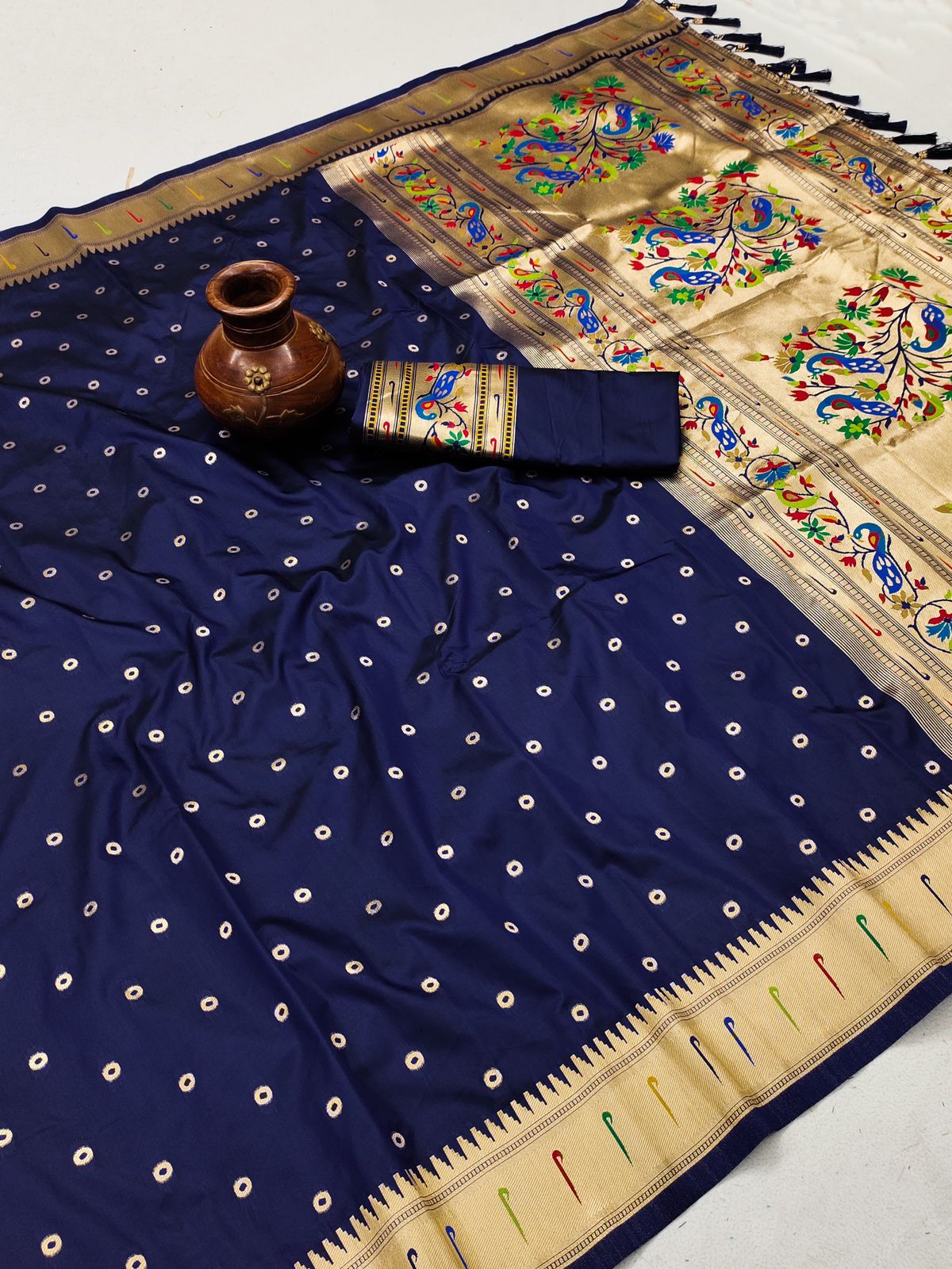 Ailurophile Navy Blue Paithani Silk Saree With Forbearance Blouse Piece