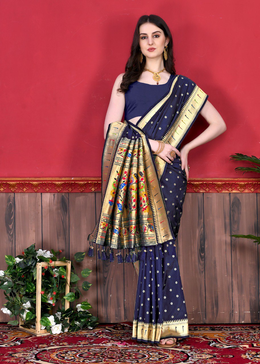 Ailurophile Navy Blue Paithani Silk Saree With Forbearance Blouse Piece