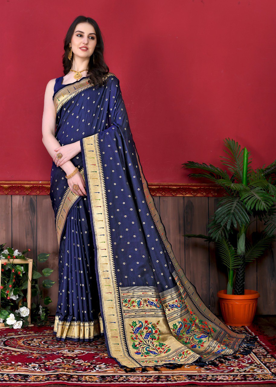 Ailurophile Navy Blue Paithani Silk Saree With Forbearance Blouse Piece