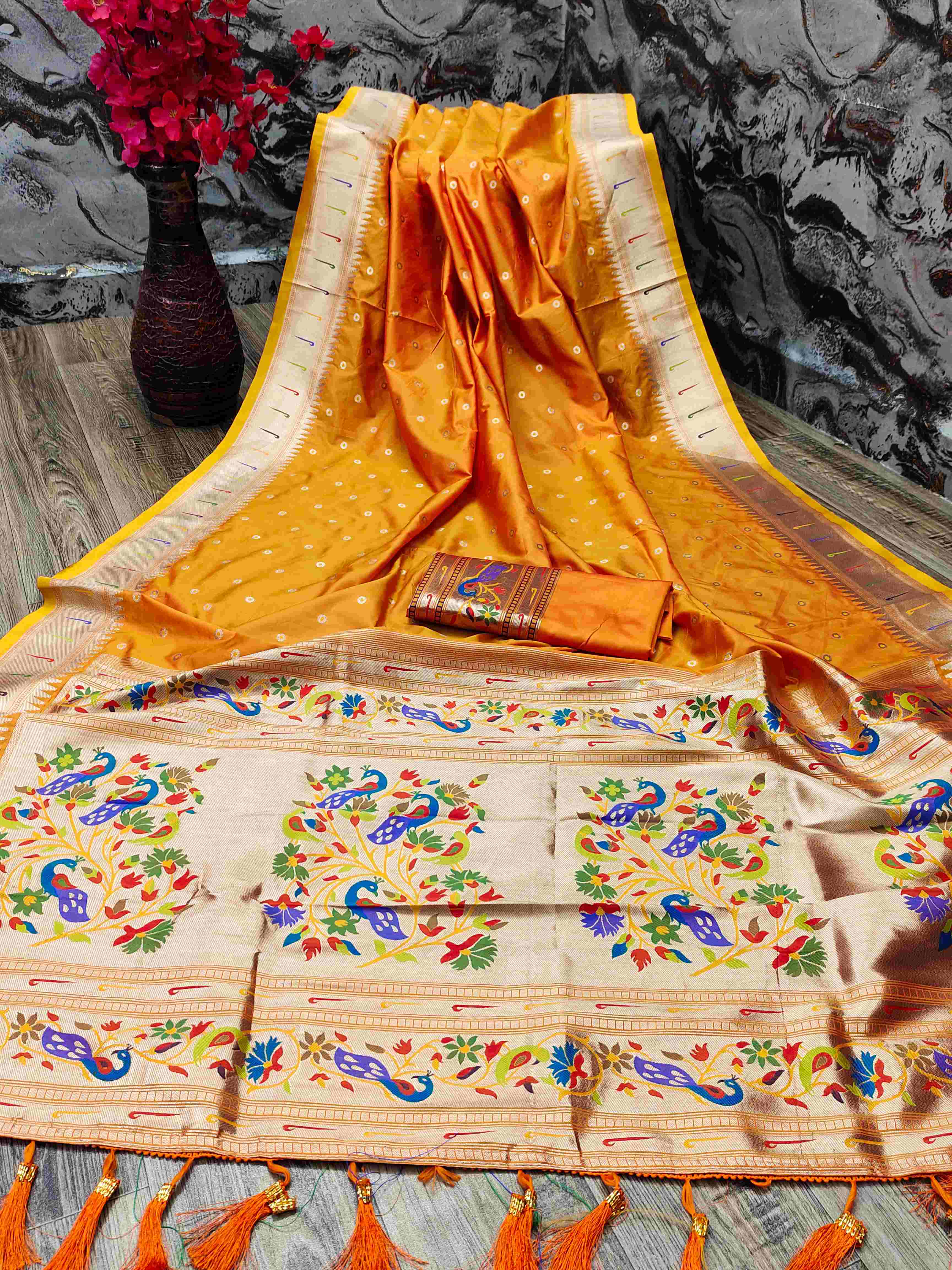 Felicitous Orange Paithani Silk Saree With Susurrous Blouse Piece