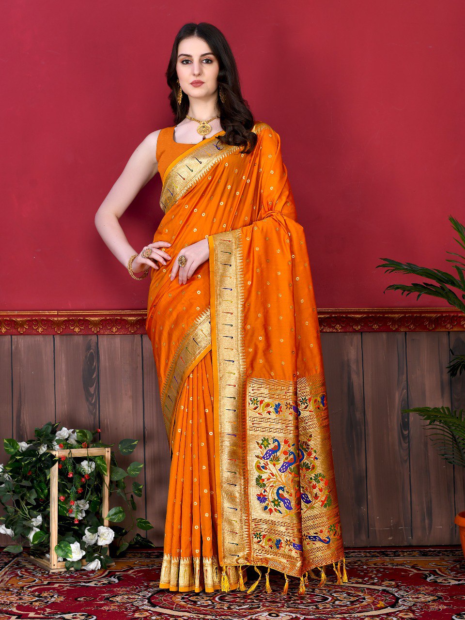 Felicitous Orange Paithani Silk Saree With Susurrous Blouse Piece